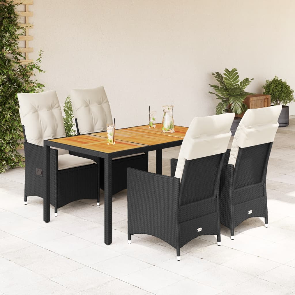 3-tlg. Bistro-Set mit Kissen Schwarz Poly Rattan und Akazie