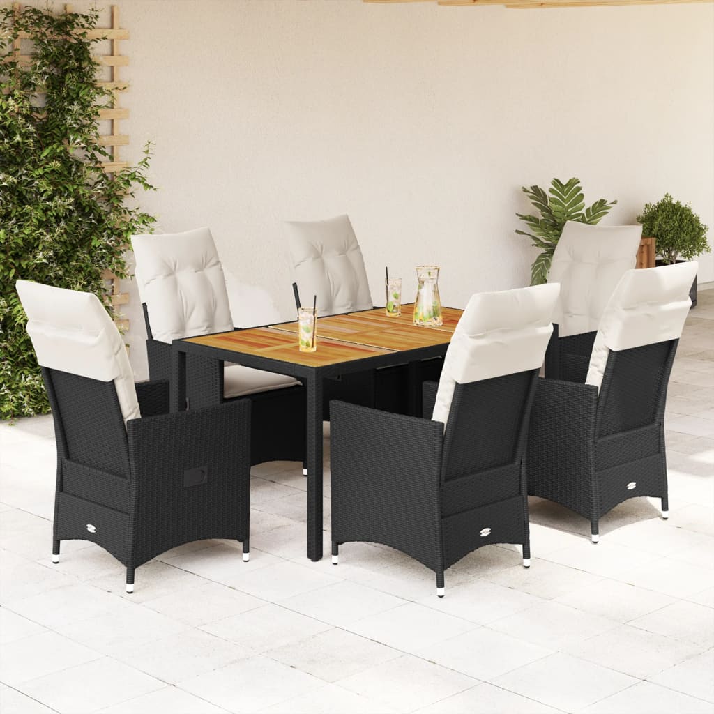 3-tlg. Bistro-Set mit Kissen Schwarz Poly Rattan und Akazie