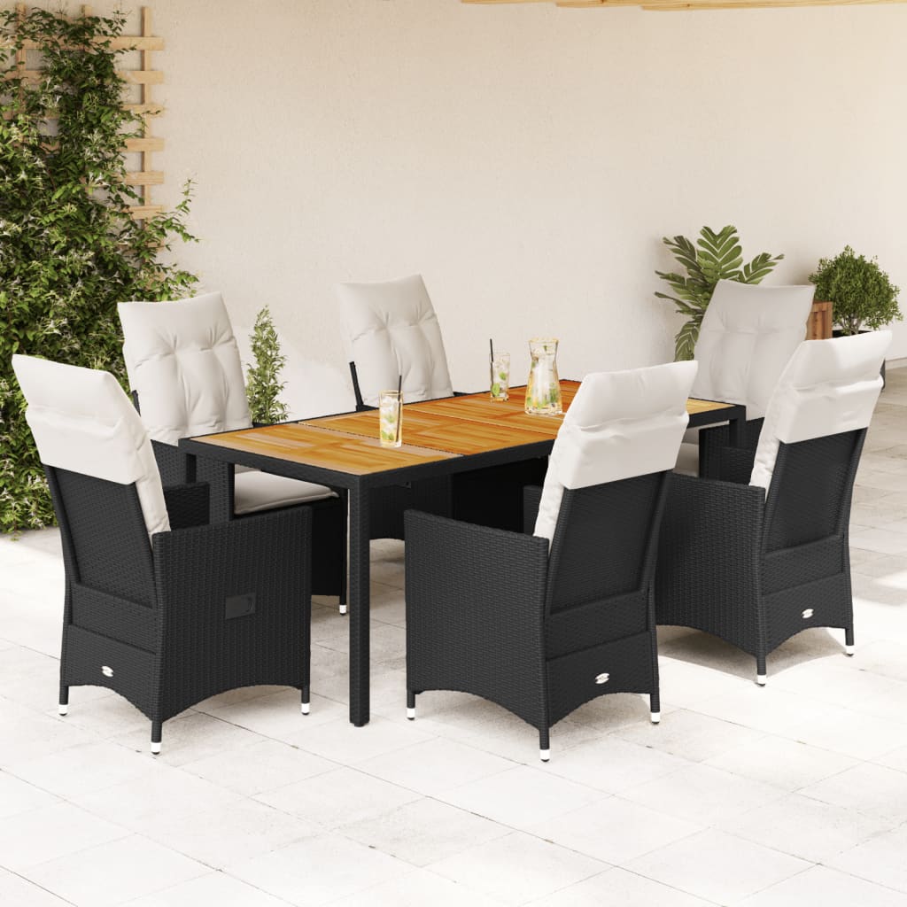 3-tlg. Bistro-Set mit Kissen Schwarz Poly Rattan und Akazie
