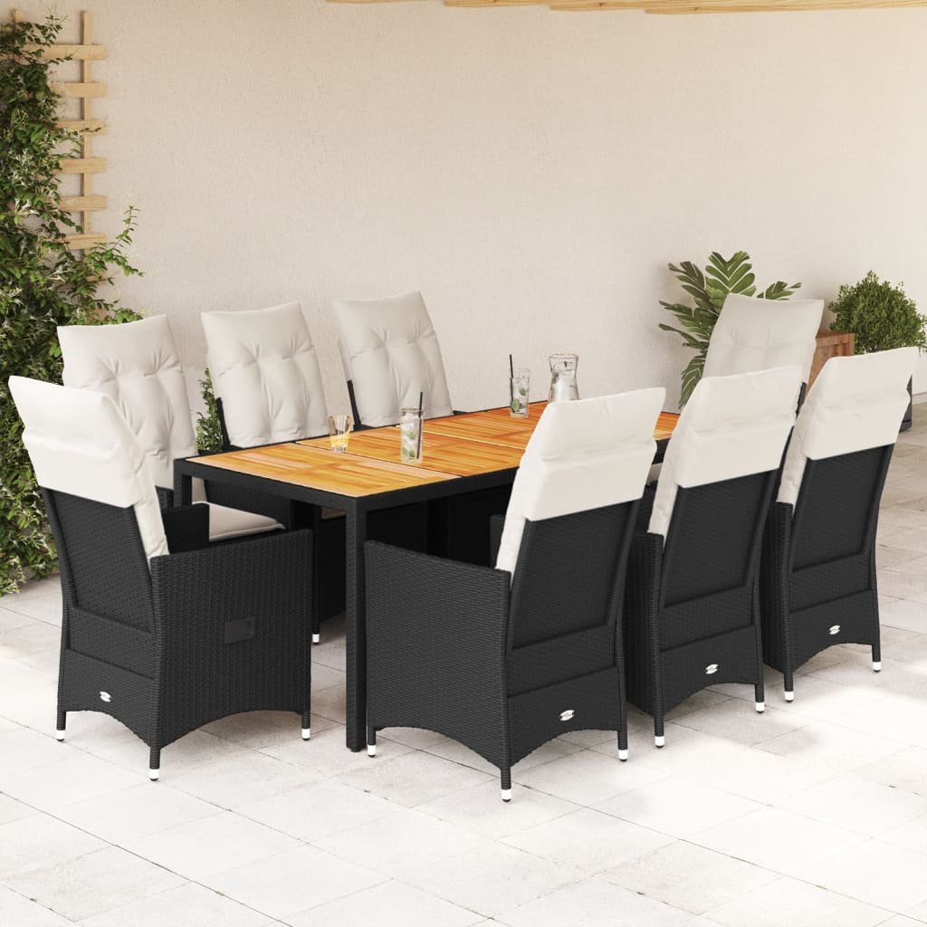 3-tlg. Bistro-Set mit Kissen Schwarz Poly Rattan und Akazie