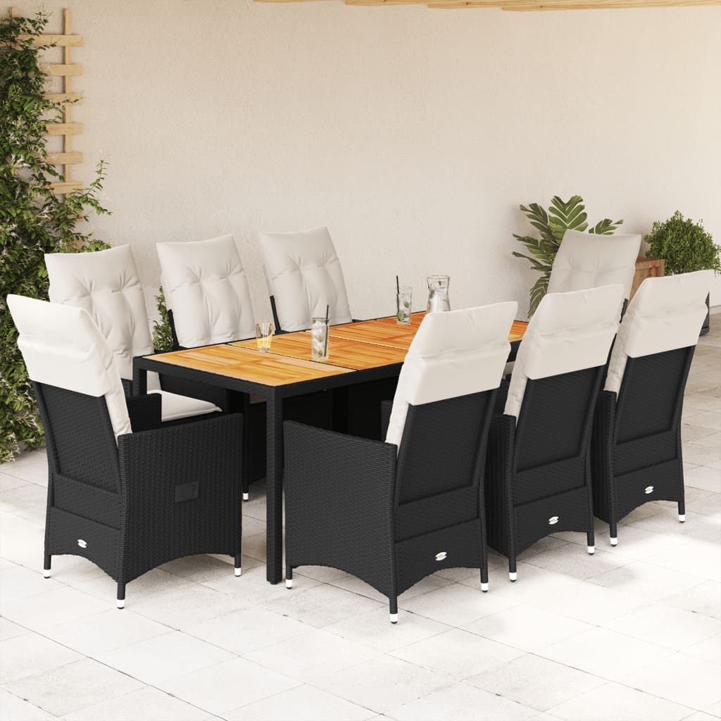 3-tlg. Bistro-Set mit Kissen Schwarz Poly Rattan und Akazie