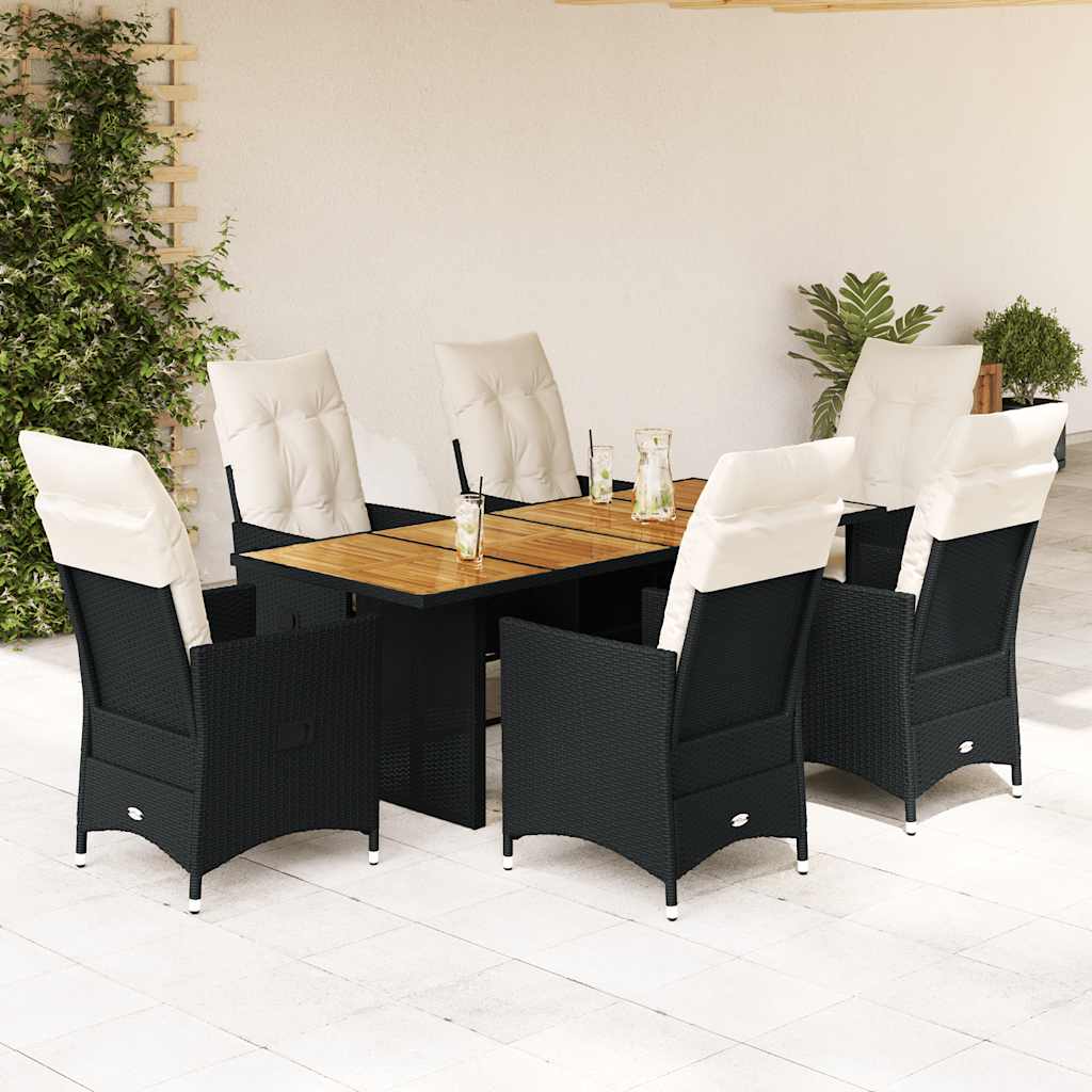 3-tlg. Bistro-Set mit Kissen Schwarz Poly Rattan und Akazie