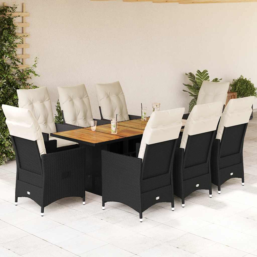 3-tlg. Bistro-Set mit Kissen Schwarz Poly Rattan und Akazie