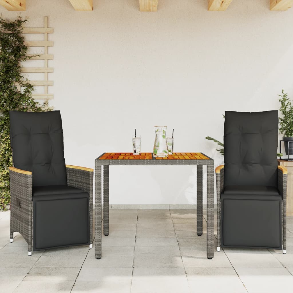 3-tlg. Garten-Bistro-Set mit Kissen Schwarz Poly Rattan