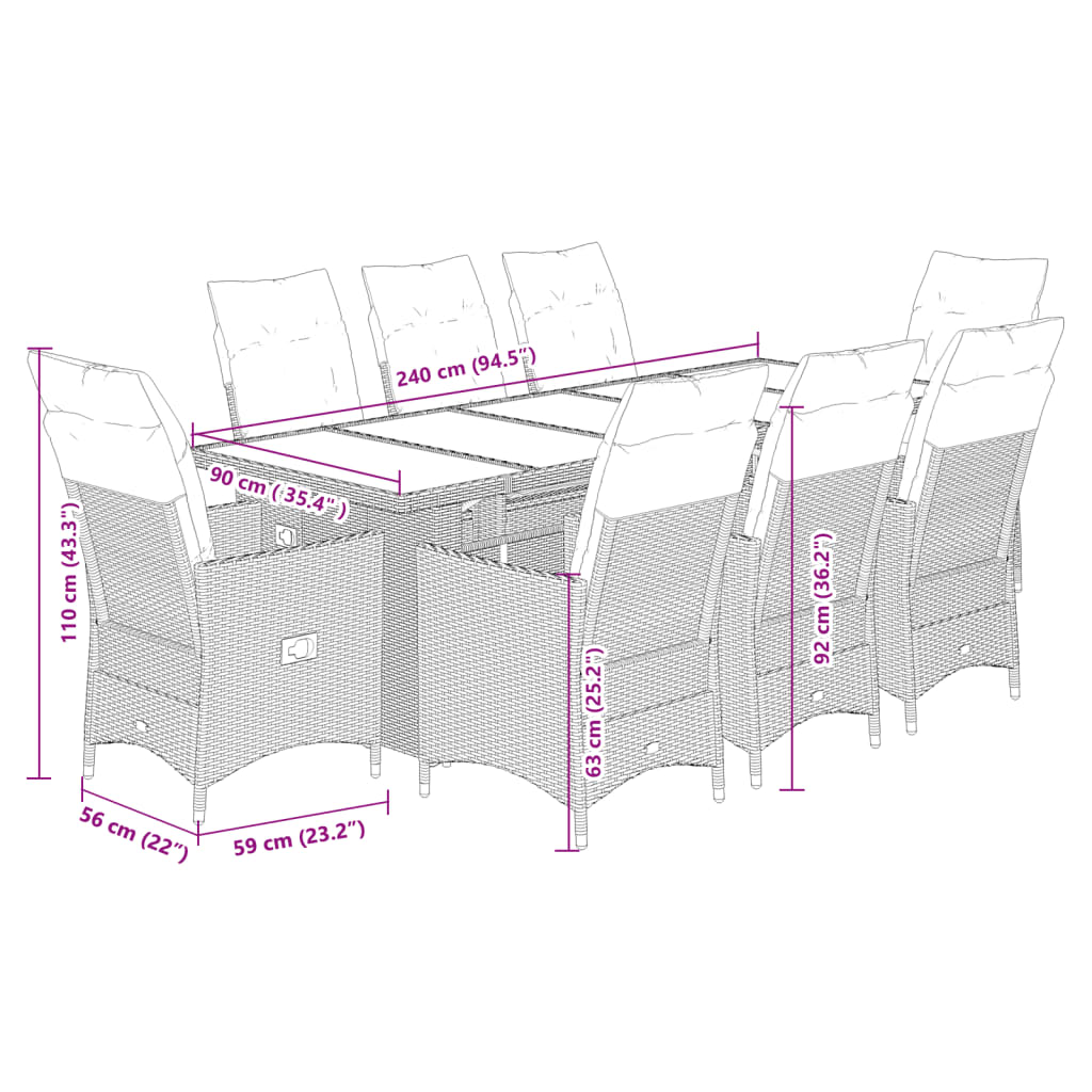 9-tlg. Garten-Bistro-Set mit Kissen Grau Poly Rattan