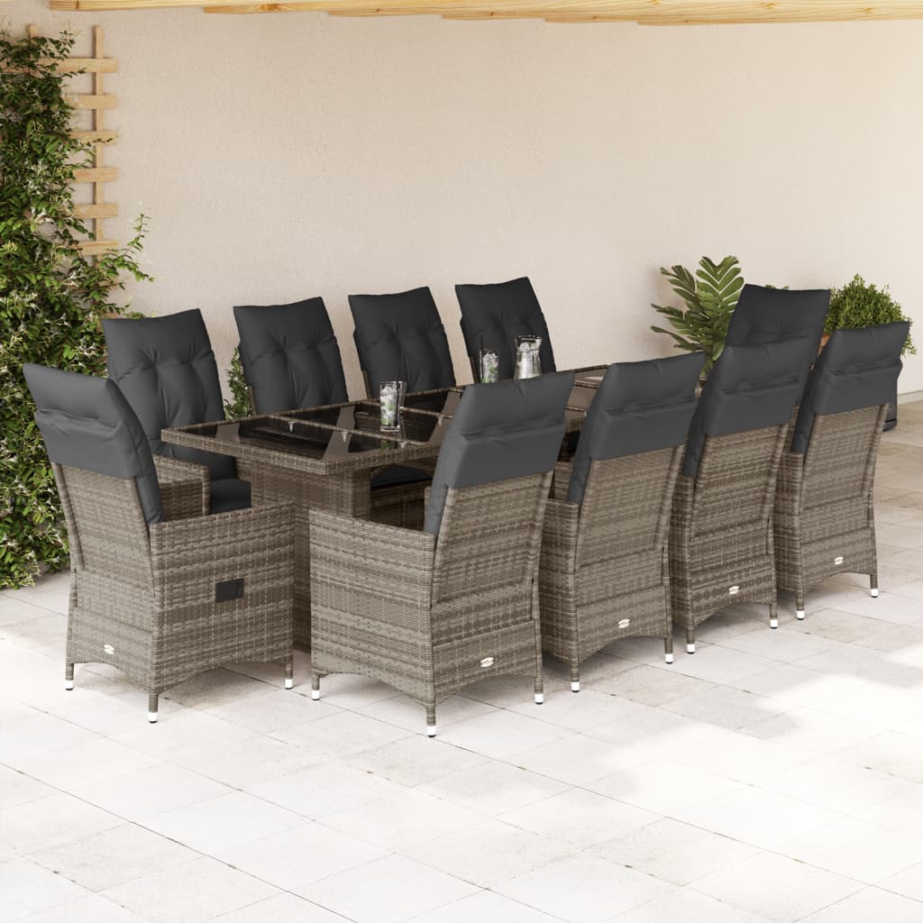 9-tlg. Garten-Bistro-Set mit Kissen Grau Poly Rattan