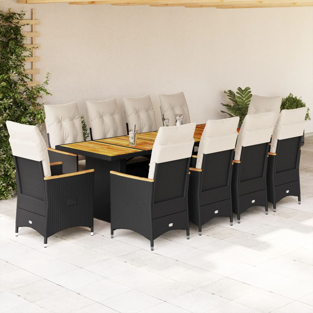 9-tlg. Garten-Bistro-Set mit Kissen Schwarz Poly Rattan