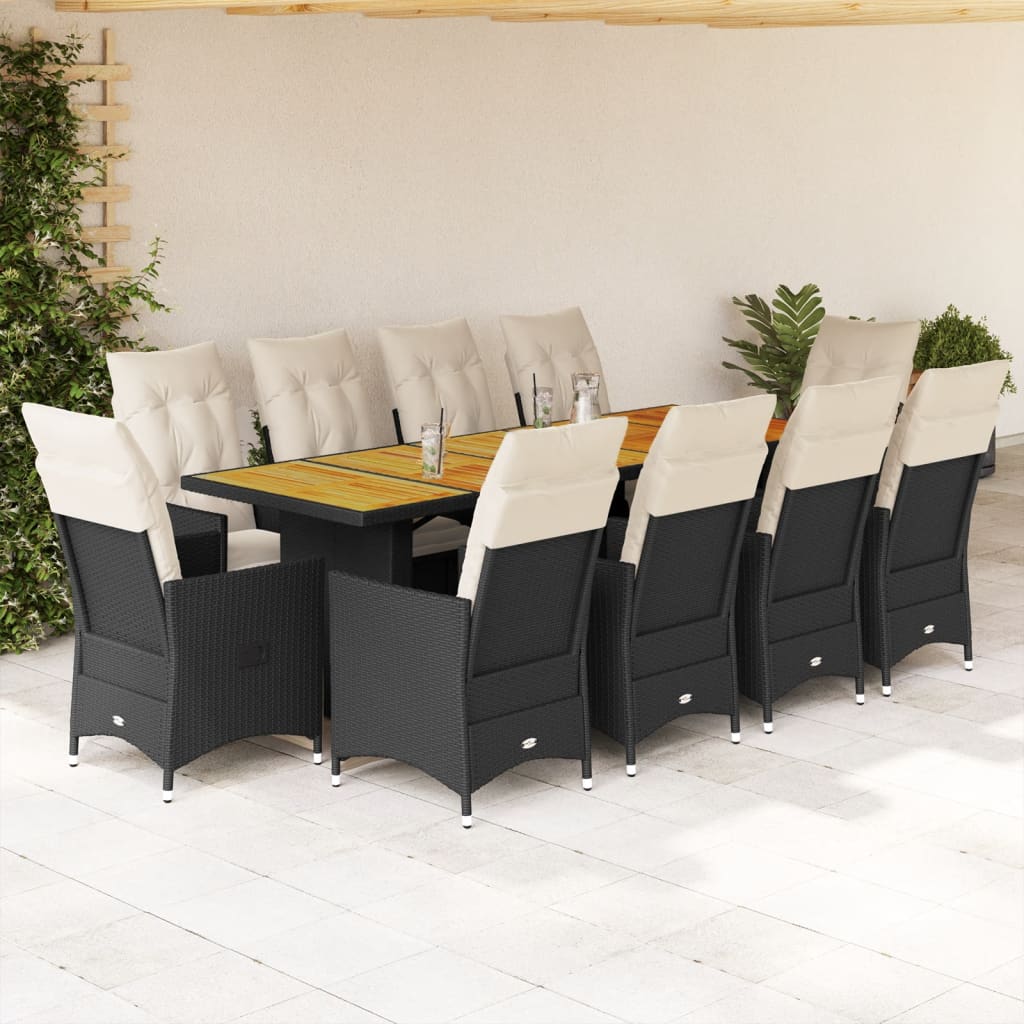 9-tlg. Garten-Bistro-Set mit Kissen Schwarz Poly Rattan