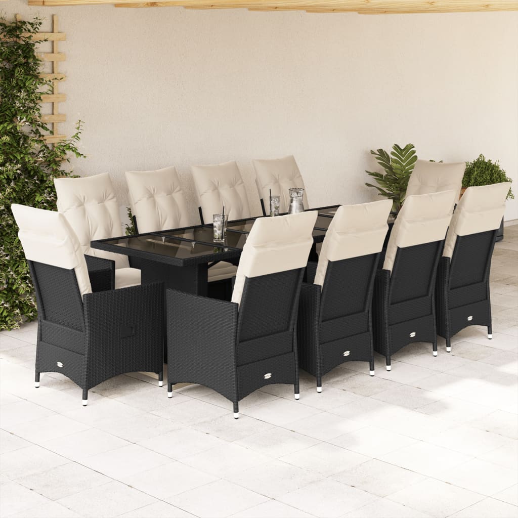 9-tlg. Garten-Bistro-Set mit Kissen Schwarz Poly Rattan