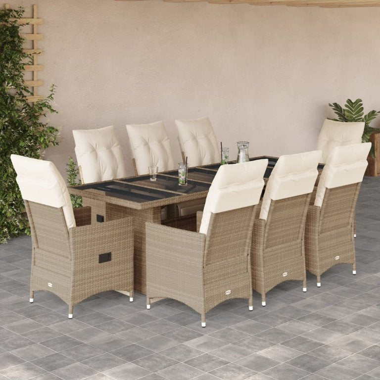 9-tlg. Garten-Bistro-Set mit Kissen Schwarz Poly Rattan