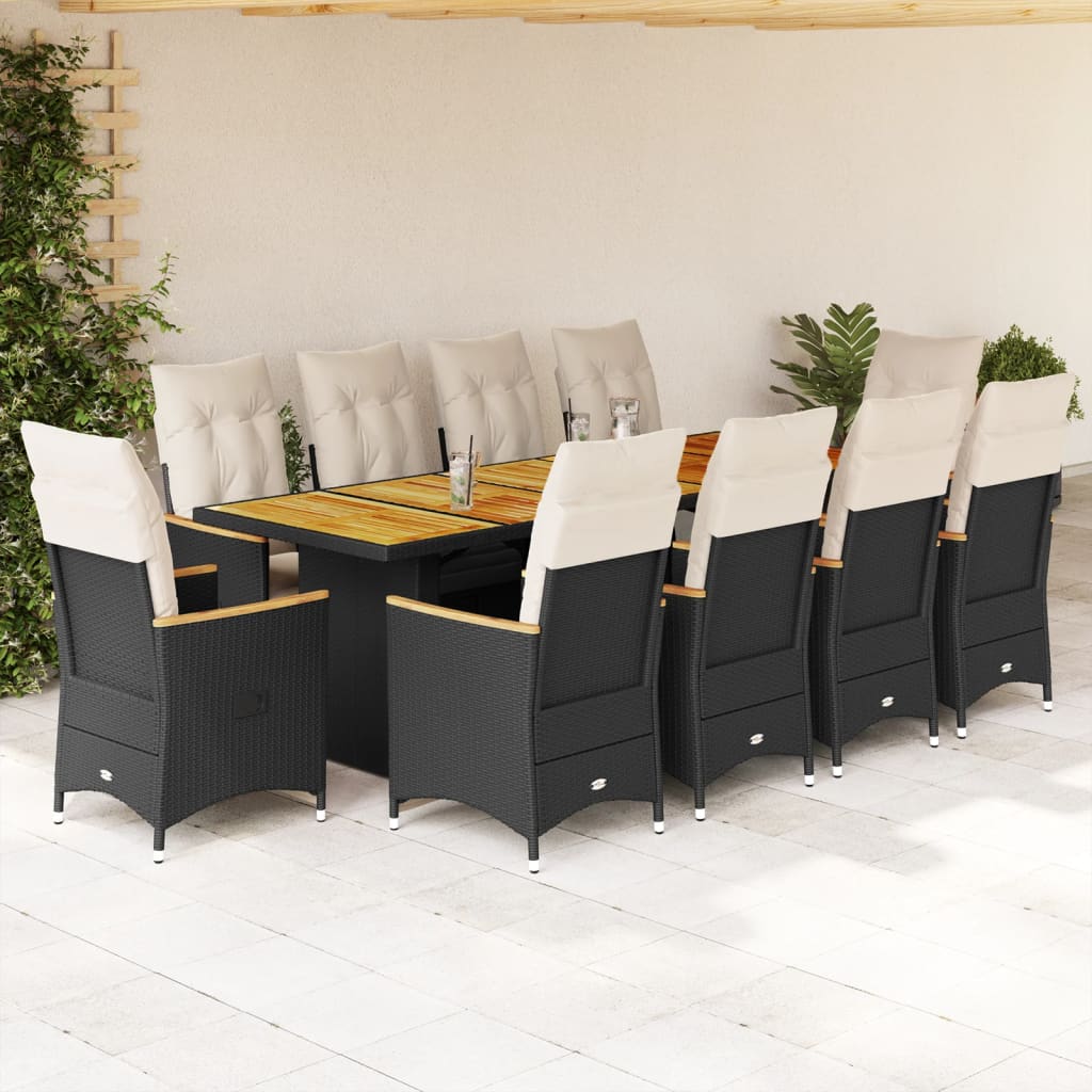 9-tlg. Garten-Bistro-Set mit Kissen Schwarz Poly Rattan