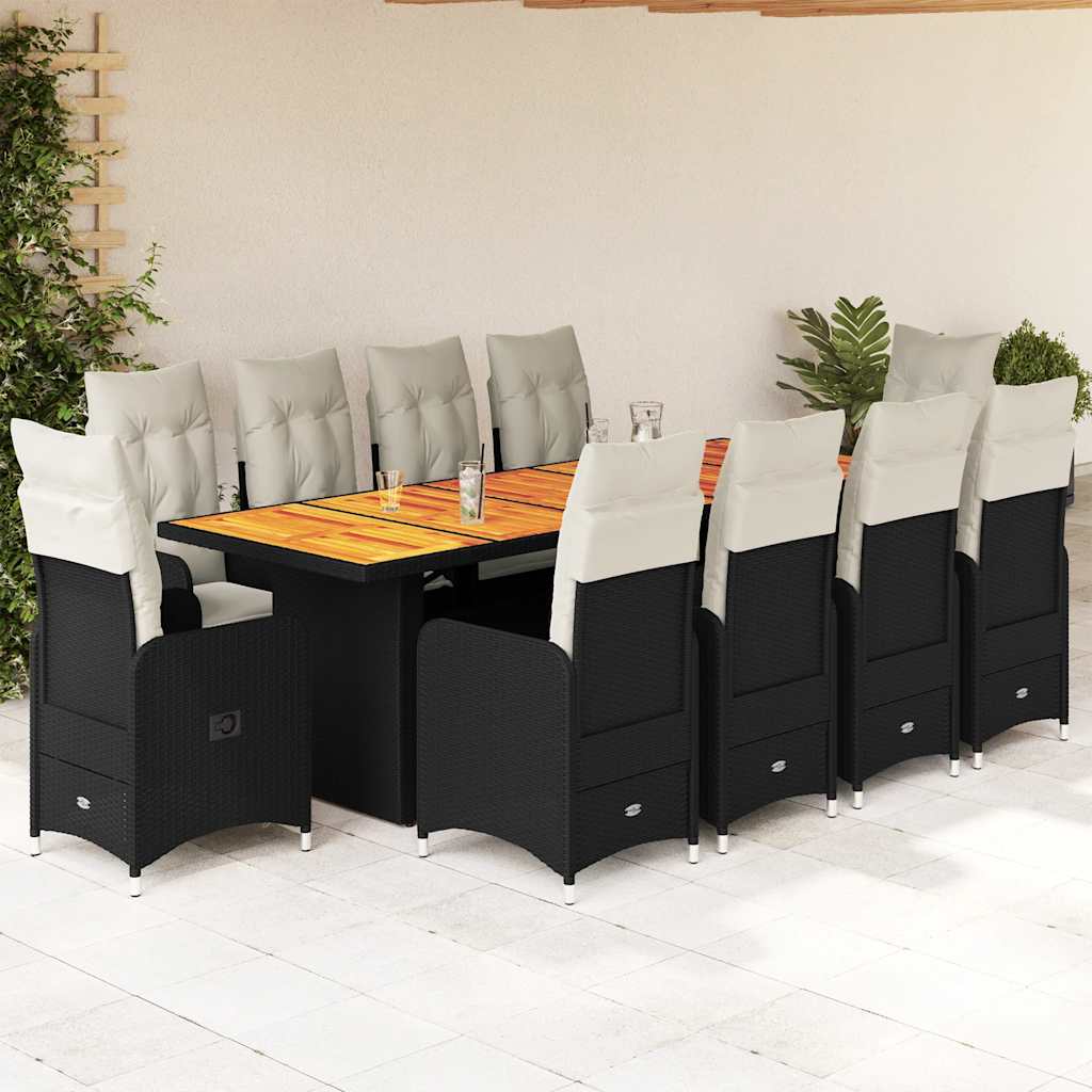 9-tlg. Garten-Bistro-Set mit Kissen Schwarz Poly Rattan