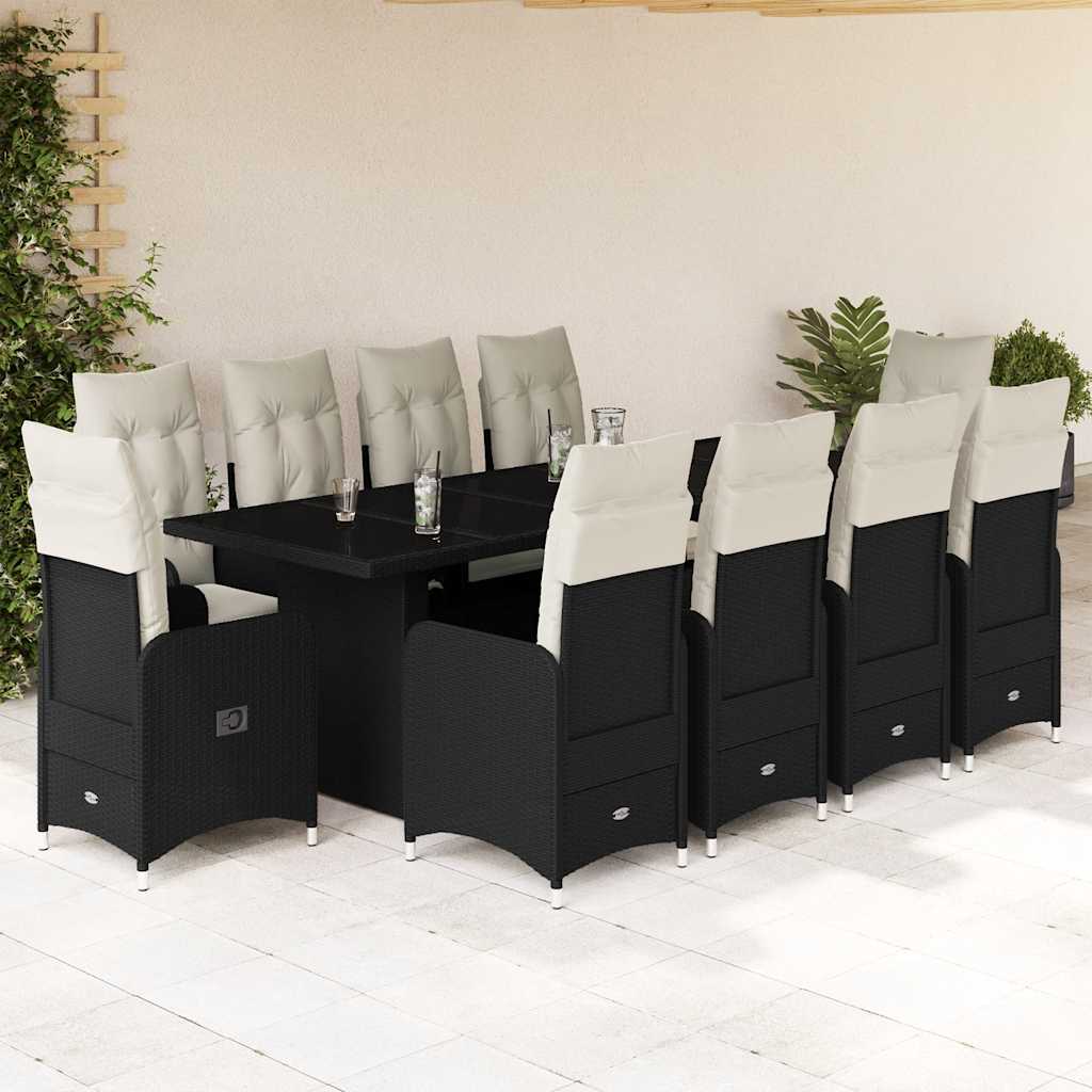 9-tlg. Garten-Bistro-Set mit Kissen Schwarz Poly Rattan