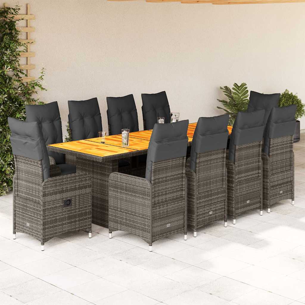 9-tlg. Garten-Bistro-Set mit Kissen Grau Poly Rattan