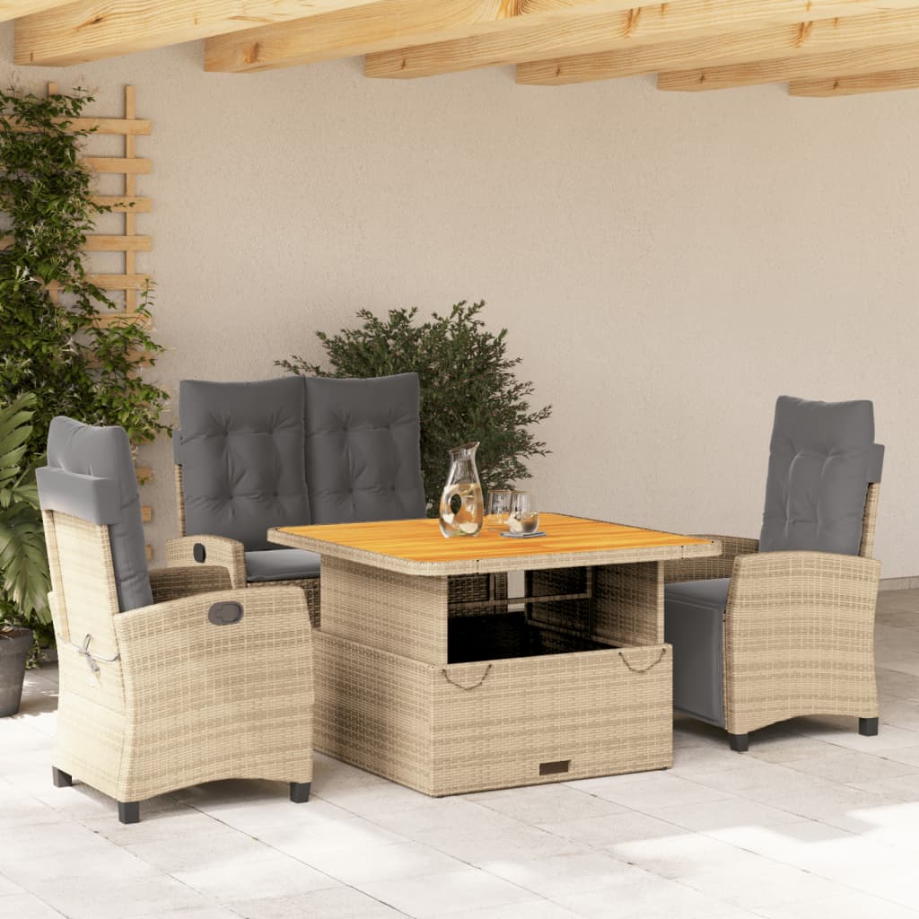 3-tlg. Garten-Essgruppe mit Kissen Beige Poly Rattan