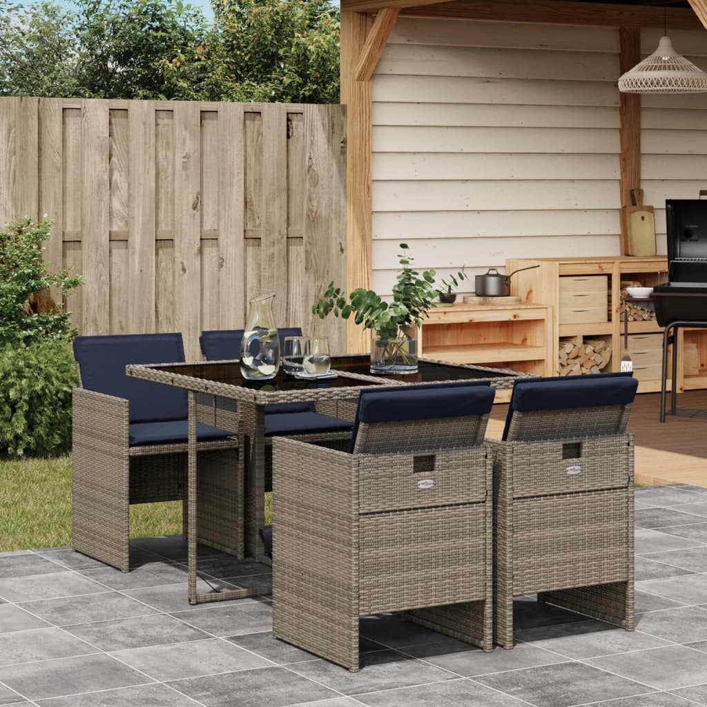 5-teiliges Garten-Ess-Set mit Kissen, grau, Polyrattan