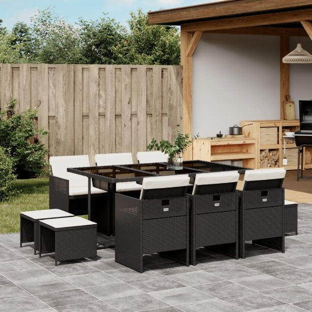 9-tlg. Garten-Essgruppe mit Kissen Schwarz Poly Rattan
