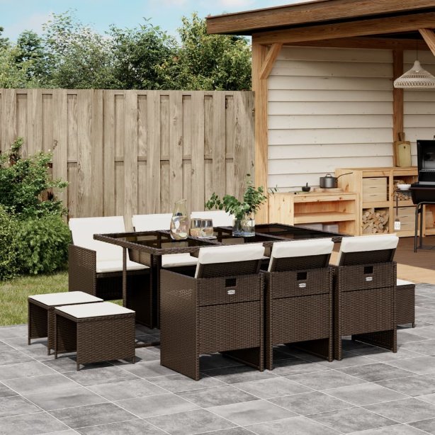 9-tlg. Garten-Essgruppe mit Kissen Schwarz Poly Rattan