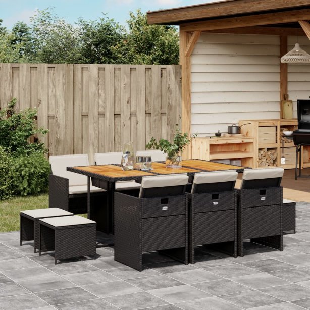 9-tlg. Garten-Essgruppe mit Kissen Schwarz Poly Rattan
