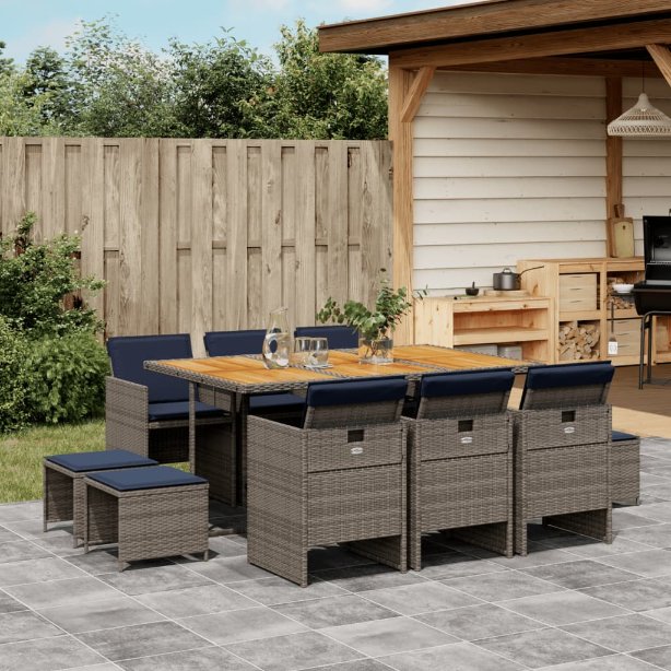 9-teiliges Garten-Ess-Set mit Kissen, grau, Polyrattan