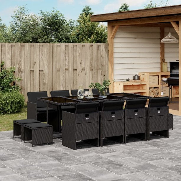 9-tlg. Garten-Essgruppe mit Kissen Schwarz Poly Rattan