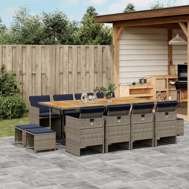 9-teiliges Garten-Ess-Set mit Kissen, grau, Polyrattan