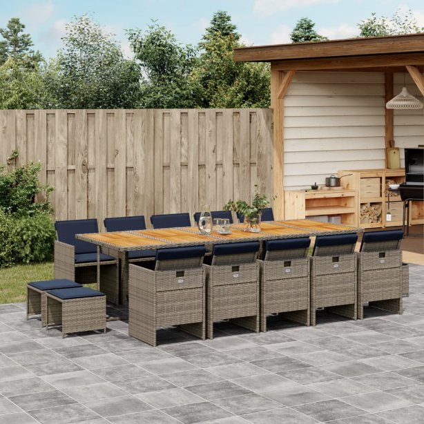 9-teiliges Garten-Ess-Set mit Kissen, grau, Polyrattan