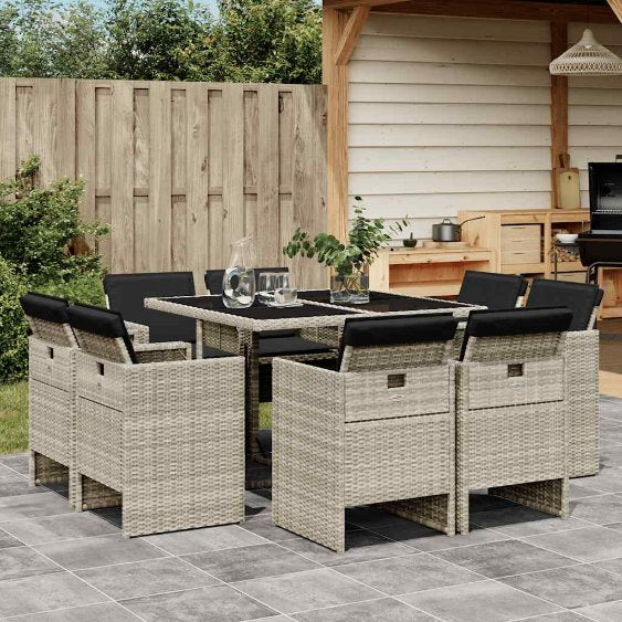 9-tlg. Garten-Essgruppe mit Kissen Schwarz Poly Rattan