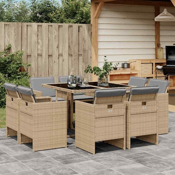 9-tlg. Garten-Essgruppe mit Kissen Schwarz Poly Rattan