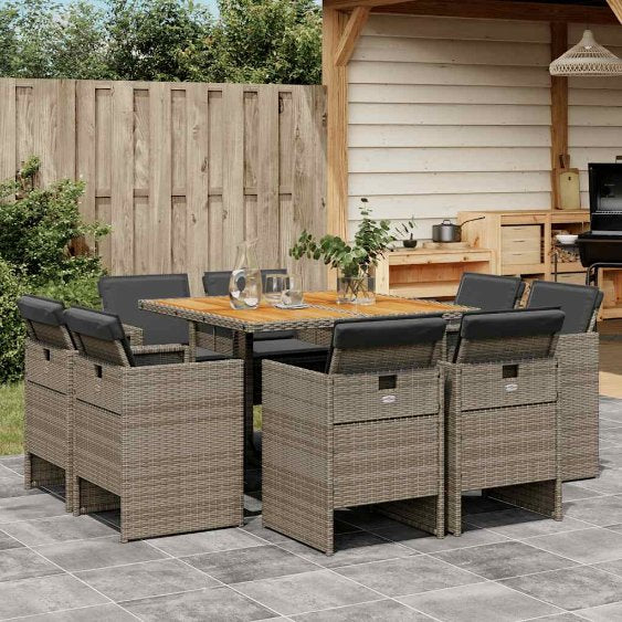 9-tlg. Garten-Essgruppe mit Kissen Schwarz Poly Rattan