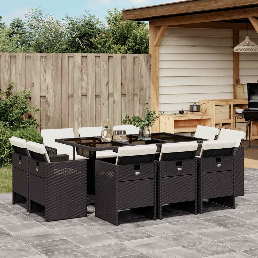 9-tlg. Garten-Essgruppe mit Kissen Schwarz Poly Rattan