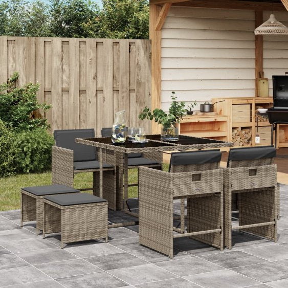 9-tlg. Garten-Essgruppe mit Kissen Schwarz Poly Rattan