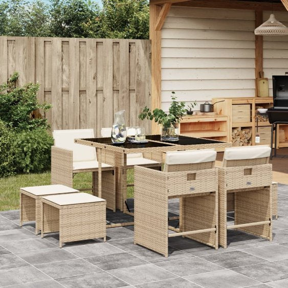 9-tlg. Garten-Essgruppe mit Kissen Schwarz Poly Rattan