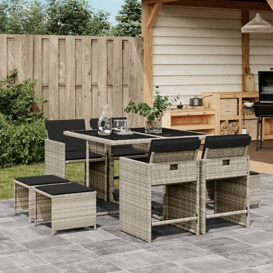9-tlg. Garten-Essgruppe mit Kissen Schwarz Poly Rattan