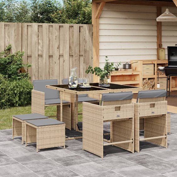 9-tlg. Garten-Essgruppe mit Kissen Schwarz Poly Rattan