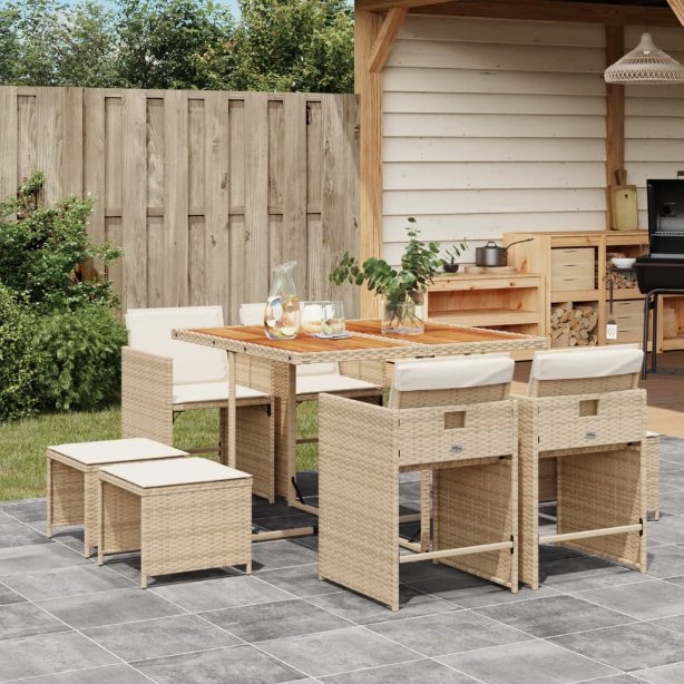 9-tlg. Garten-Essgruppe mit Kissen Schwarz Poly Rattan