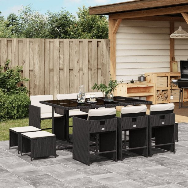 9-tlg. Garten-Essgruppe mit Kissen Schwarz Poly Rattan