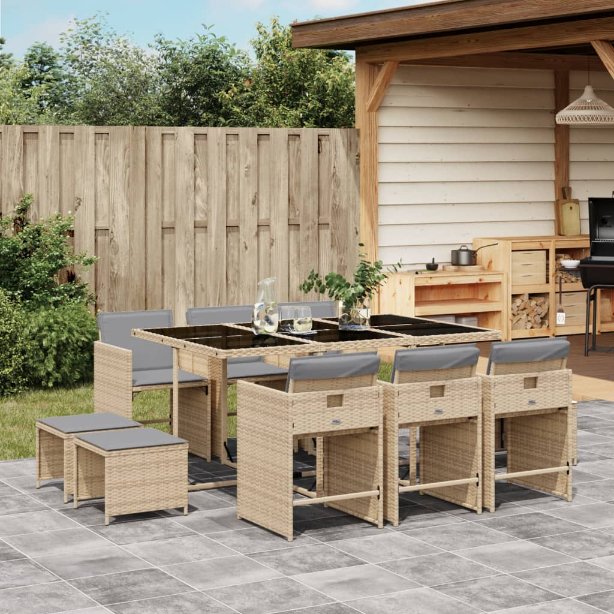 9-tlg. Garten-Essgruppe mit Kissen Schwarz Poly Rattan