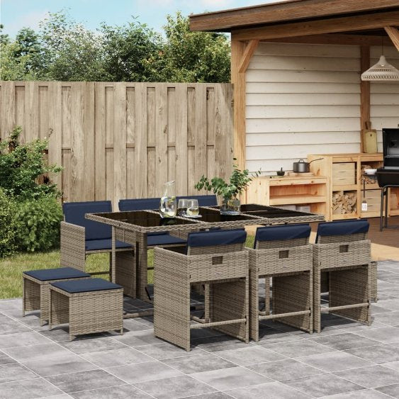 9-teiliges Garten-Ess-Set mit Kissen, grau, Polyrattan