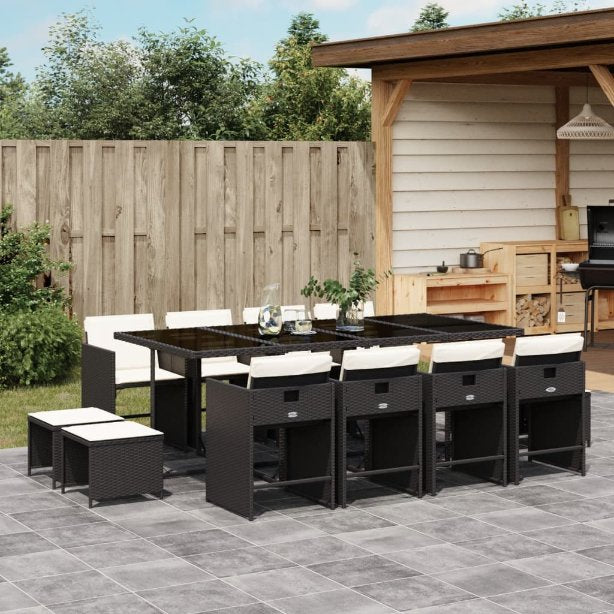 9-tlg. Garten-Essgruppe mit Kissen Schwarz Poly Rattan