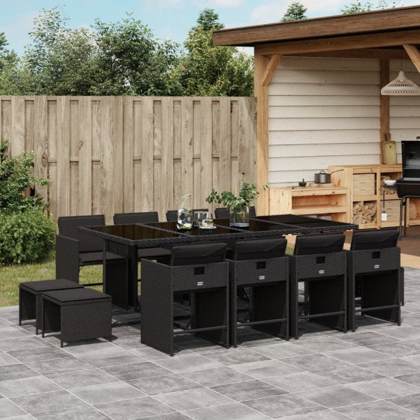 9-tlg. Garten-Essgruppe mit Kissen Schwarz Poly Rattan