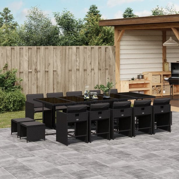 9-tlg. Garten-Essgruppe mit Kissen Schwarz Poly Rattan