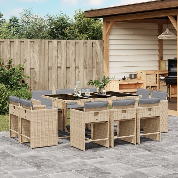 9-tlg. Garten-Essgruppe mit Kissen Schwarz Poly Rattan
