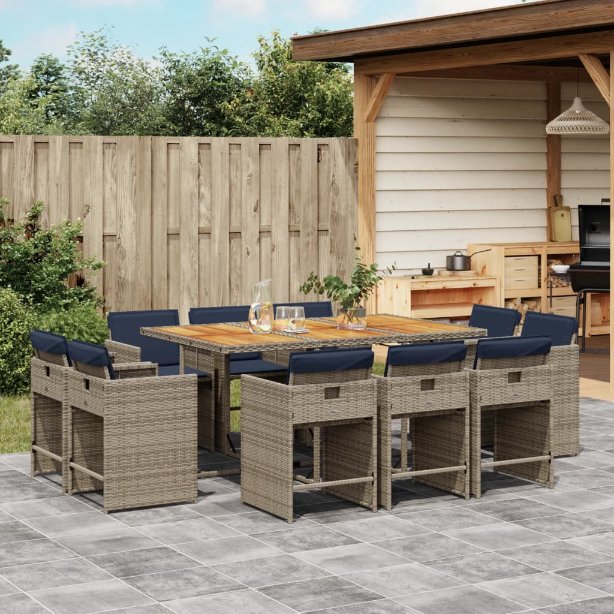 9-teiliges Garten-Ess-Set mit Kissen, grau, Polyrattan