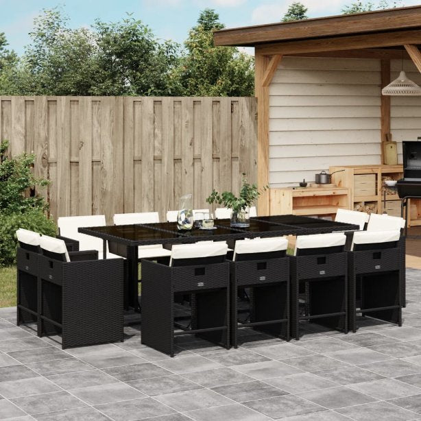 9-tlg. Garten-Essgruppe mit Kissen Schwarz Poly Rattan