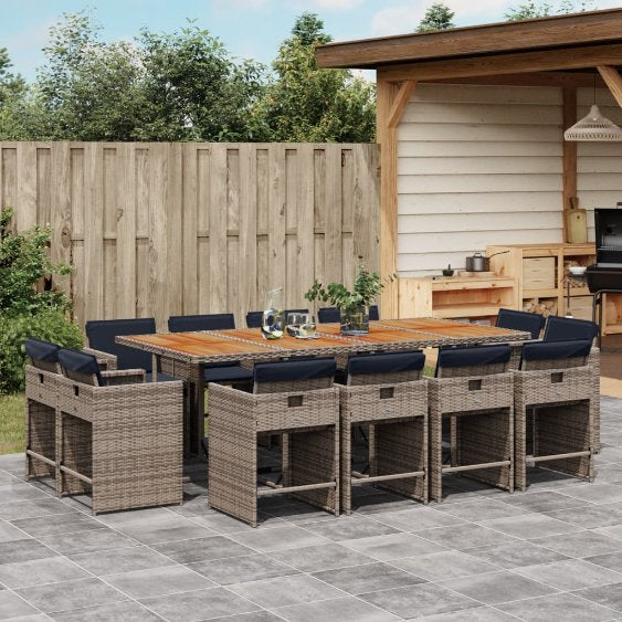9-teiliges Garten-Ess-Set mit Kissen, grau, Polyrattan