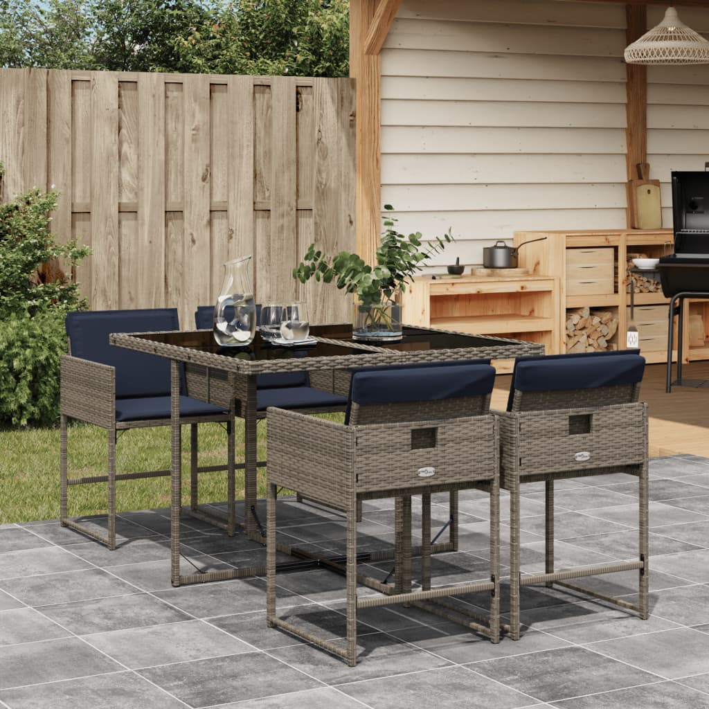 5-teiliges Garten-Ess-Set mit Kissen, grau, Polyrattan