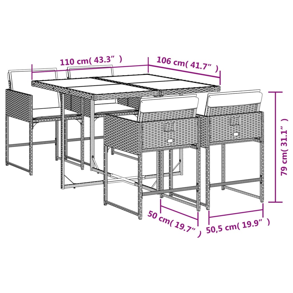 5-teiliges Garten-Ess-Set mit Kissen, grau, Polyrattan