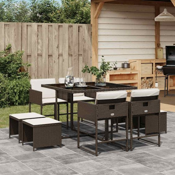 9-tlg. Garten-Essgruppe mit Kissen Schwarz Poly Rattan