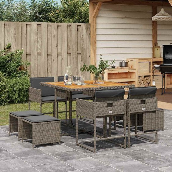 9-tlg. Garten-Essgruppe mit Kissen Schwarz Poly Rattan